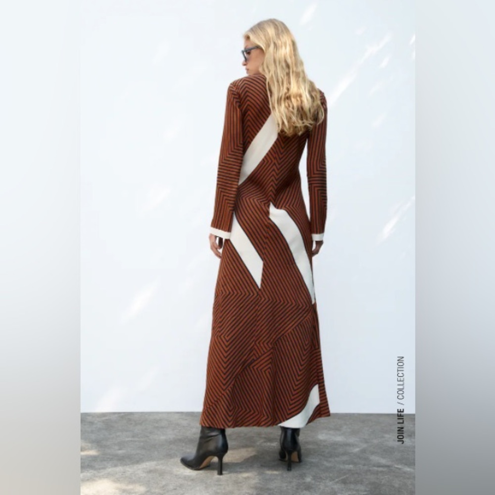 Zara Brown and Cream Long Sleeve Dress - Picture 7 of 14